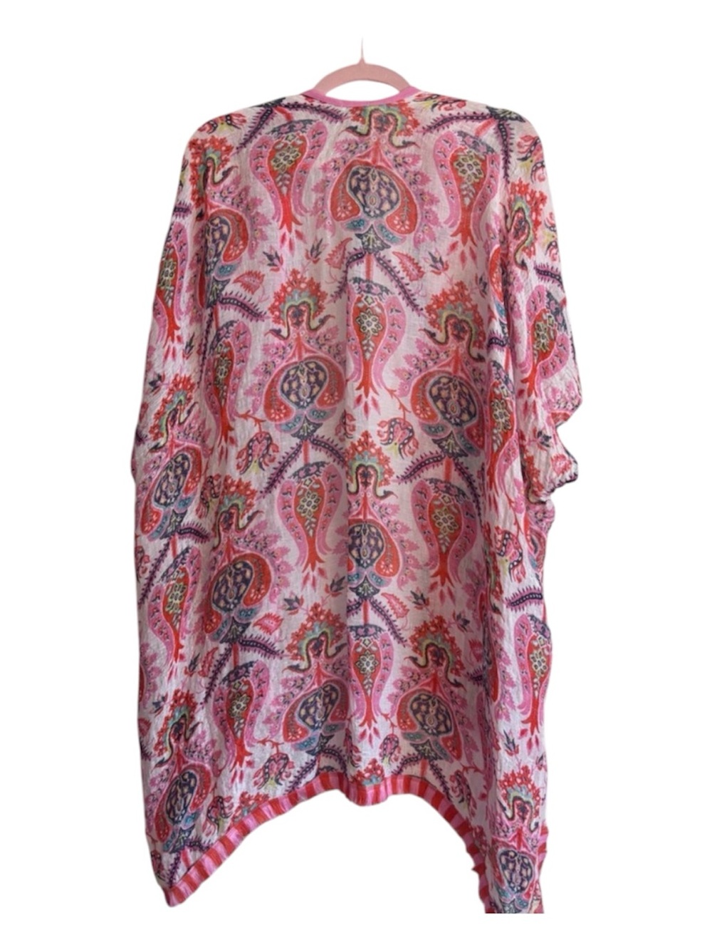 🧡🩷 Spartina 449 One Size Gauze Fringe Kimono Duster Pink Paisley Beach Cover-Up - Picture 4 of 7